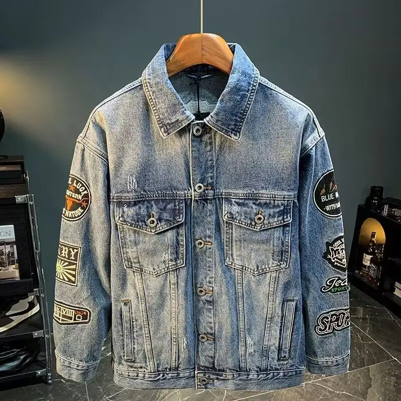 Street Fashion Jacket Men - Mannen High Street Borduren Patch Denim