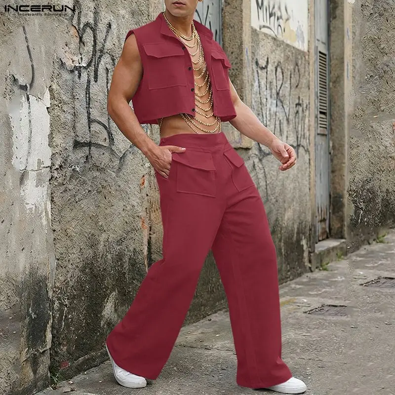 Street Fashion Us - INCERUN Mannen Sets Solid Mouwloze Crop